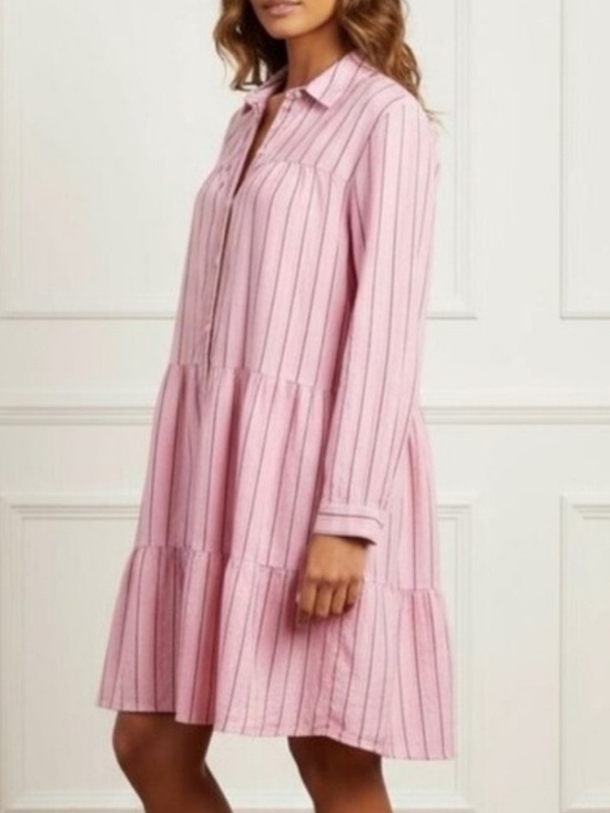 J. Jill Dresses & Skirts - J. Jill Pink Striped Tiered Linen Button Down Shirt Dress Size Medium Tall
